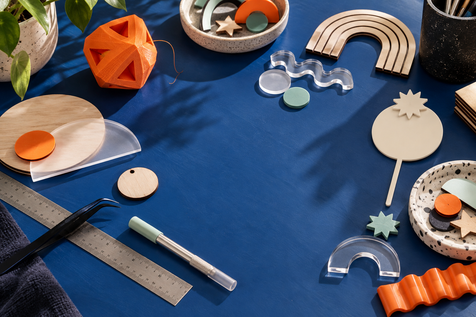 Maker materials arranged on a blue workbench, including 3D-printed, laser-cut, and colorful decorative pieces.