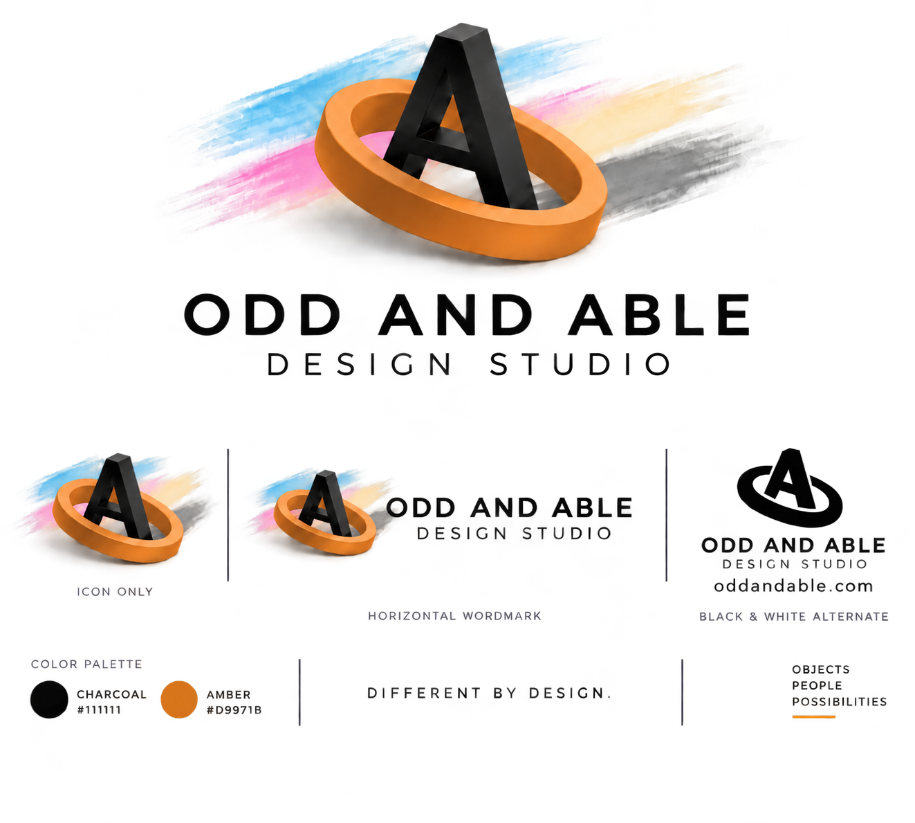 Odd And Able Design Studio logo: a charcoal A rising through an amber ring over cyan, magenta, yellow, and charcoal brush strokes.